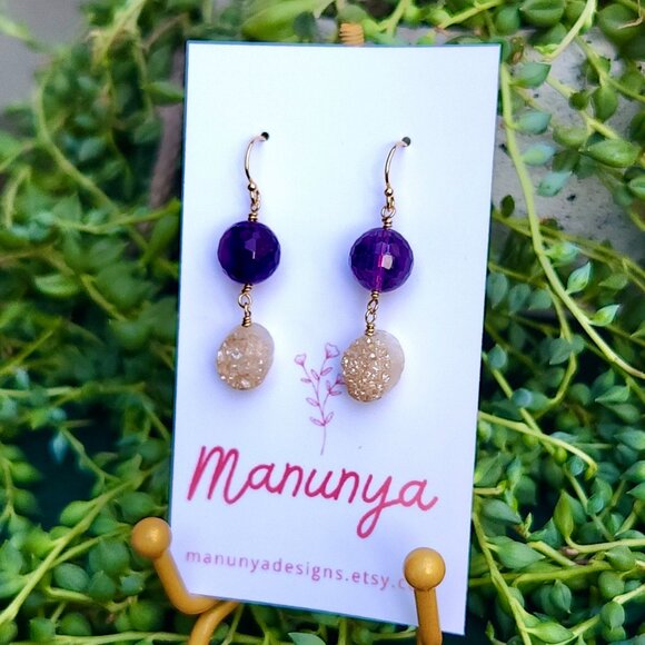 Amethyst Druzy Drop Earrings - Semi-Precious Amethyst & Druzy - Picture 3 of 5